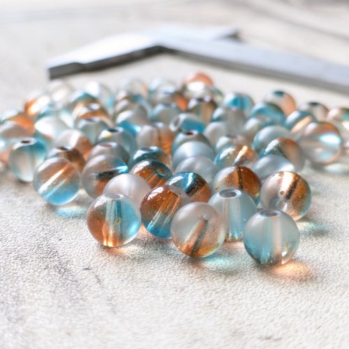 Perles rondes verre dépoli givré transparent coloré marron et bleu 8 mm x10