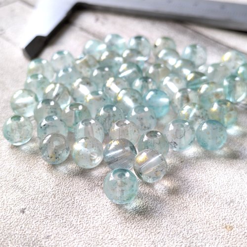 Perles rondes bleu clair translucide peinte tréfilé doré 8 mm x10