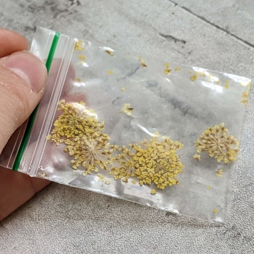 Fin de sachets fleurs séchées teintées jaune environ 7 fleurs