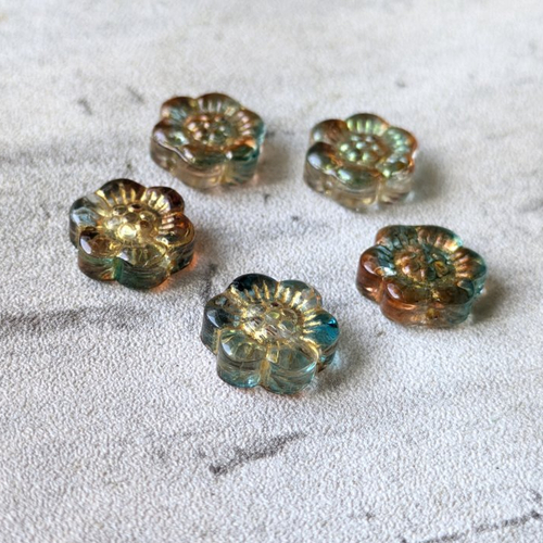 Perle verre fleur relief turquoise bleu marron et dorure 18 mm x5