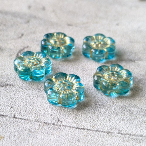 Perle verre fleur relief turquoise bleu clair et dorure 18 mm x5