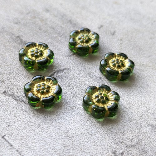 Perle verre fleur relief turquoise vert foncé et dorure 18 mm x5