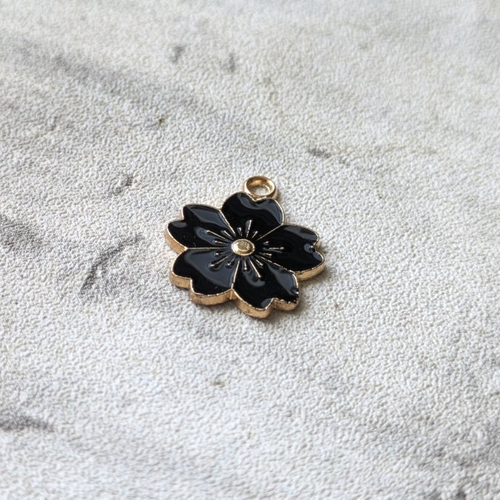 Breloque fleur métal doré émail noir 20x17mm x1