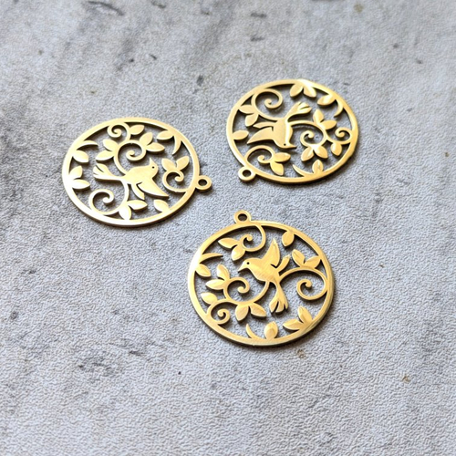 1 pendentif breloque acier inoxydable doré cercle oiseau branche 26x29mm