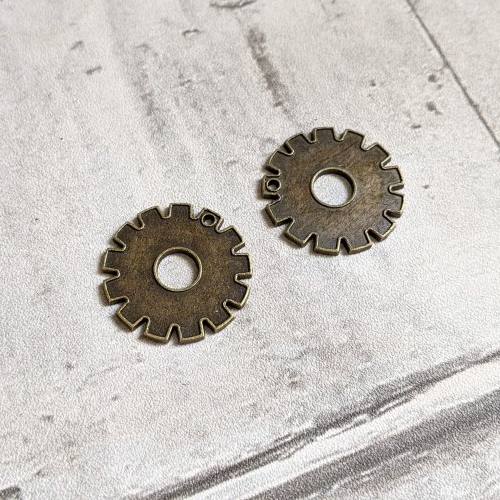 Pendentifs breloques engrenages pleins roue dentée métal bronze x2