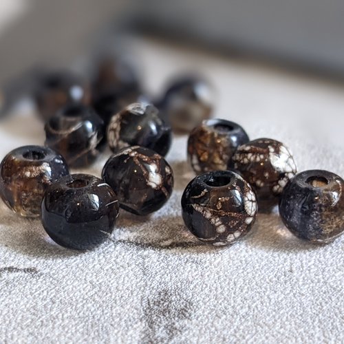 Perles verre rondes marron noir blanc mouchetées 6 mm x13