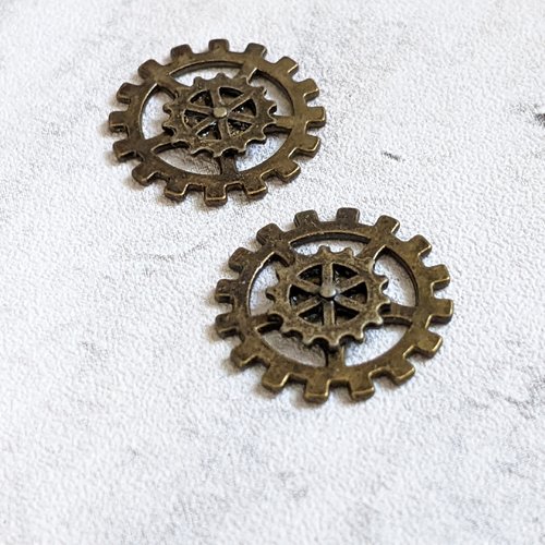 Breloques connecteurs engrenage métal bronze 19 mm x2