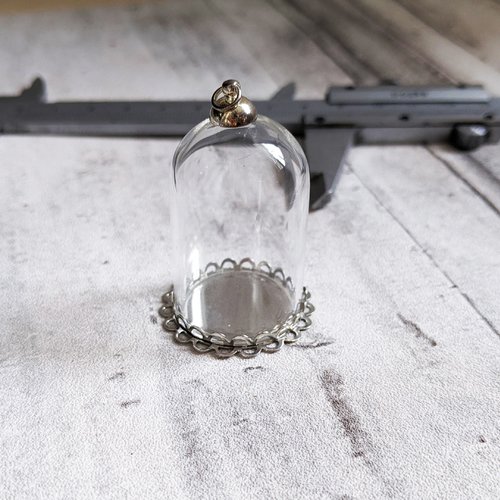 Pendentif fiole cloche de verre transparent supports à coller métal argenté 40x22mm x1