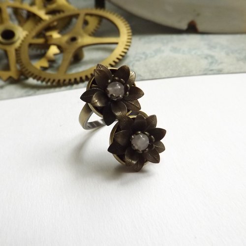 Support bague réglable deux cabochons fleurs bronze métal perle quartz rose 28x16mm destockage