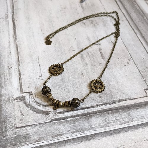Chaine bronze fantaisie steampunk engrenages perles bronze fait main 60 cm x1