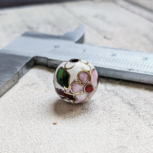 Perle ronde en verre peinte émail blanc style oriental fleur rose vert 12 mm x1