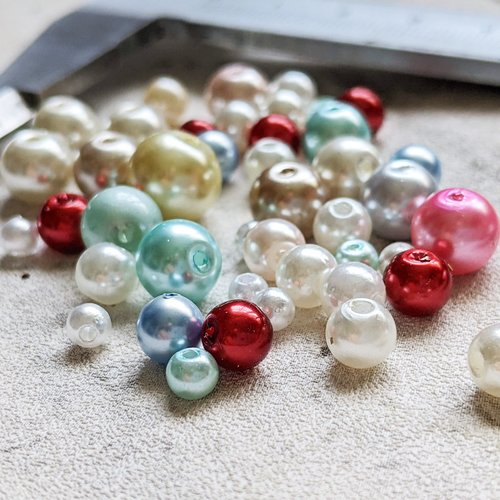 Lot perles rondes verre effet nacré vrac fin de série, multiples tailles et couleurs x50