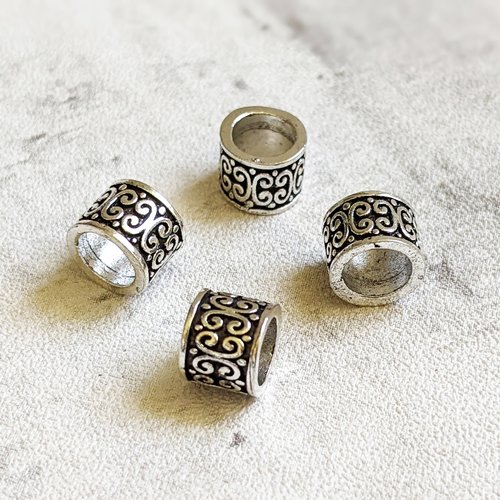 Perles tube métal argent gros trous motifs ethniques 17x18mm x5