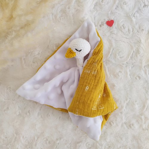 Doudou oie, doudou cigogne doudou bebe, coton bio, fait main, cadeau de naissance