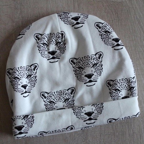 Bonnet bébé jersey de coton à motif tigres doublé polaire beige - taille 47-50 cm (environ 18 mois)