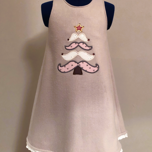 Robe chasuble trapèze polaire beige et sapin de noël - 5 ans