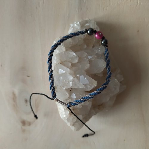 Bracelet collection fibi coeur avec perles gemmes hématites - taille m ajustable
