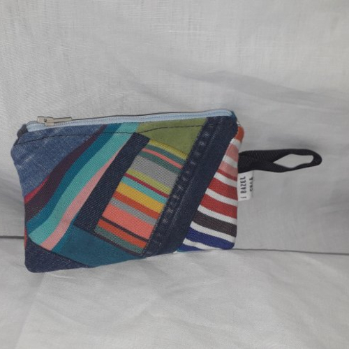 Porte-monnaie pochette a maquillage crazy patchwork "rayures multi colores"