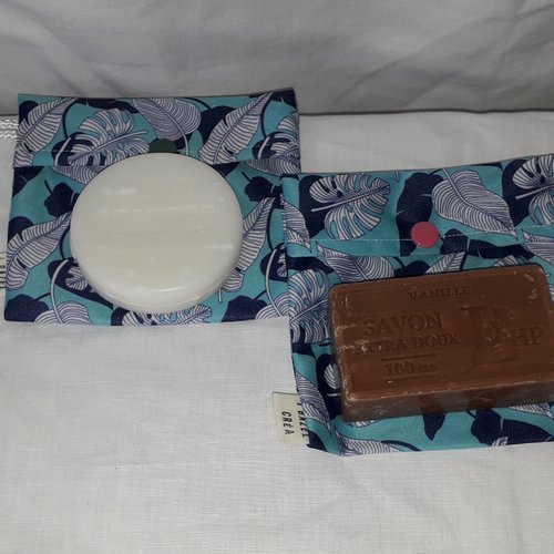 Etuis - pochettes a savon/shampoing solide impermeables / couleurs feuilles de palmier bleues