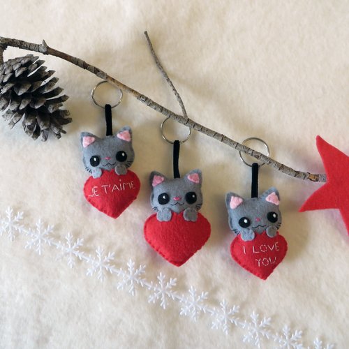 Porte clé chat gris kawaii, cadeau de pour dire je t'aime