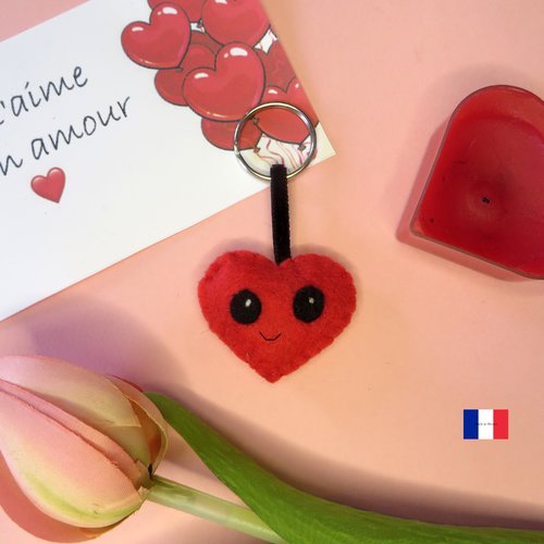 Porte clé coeur rouge, orange, rose, ou bordeau, kawaii, en feutrine, fait main, petit cadeau d'amour