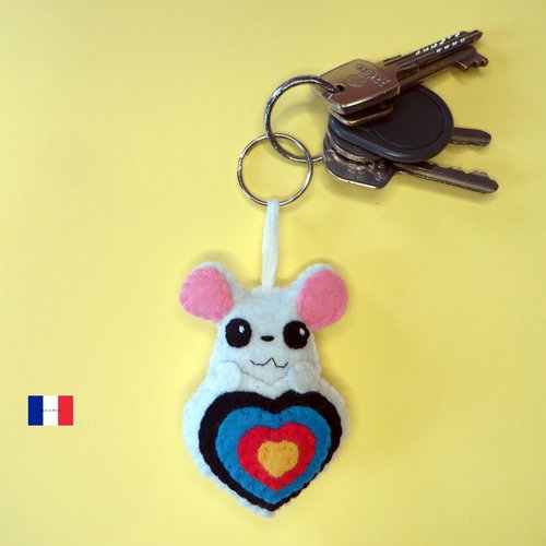 Porte clé tir à l'arc, souris kawaii, dans une cible, en feutrine, fait main, cadeau pour archer