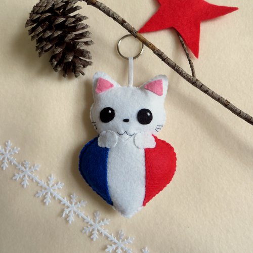 Porte-clef drapeau français, peluche chat kawaii