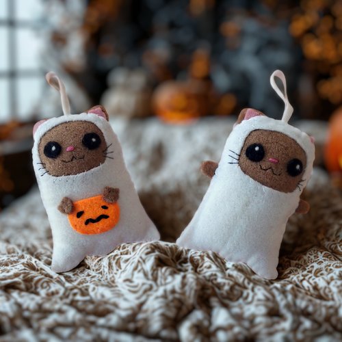 Chats fantômes en feutrine – décoration d'halloween artisanale