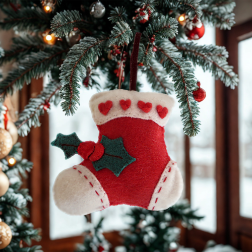 Chaussette de noël en feutrine, décoration pour sapin de noël artisanale