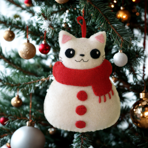 Bonhomme de neige chat, décoration pour sapin de noël en feutrine