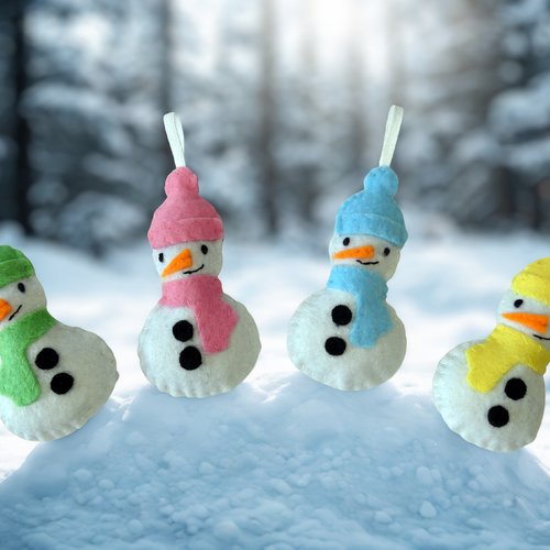 Décoration pour sapin de noël en feutrine, bonhomme de neige avec bonnet et écharpe