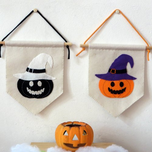 Décoration pour halloween, fanions citrouilles jack o'lantern, décoration murale, noir et blanc, orange et violet, en feutrine, fait main