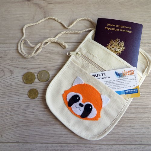 Pochette tour de cou, panda roux, pour enfant, en coton et feutrine, pour transporter passeport, argent, en voyage