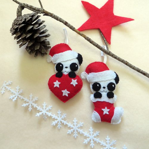 Decoration de noel, panda en feutrine, à accrocher dans le sapin, fait main