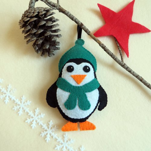 Pingouin en feutrine, décoration pour sapin de noël, à suspendre