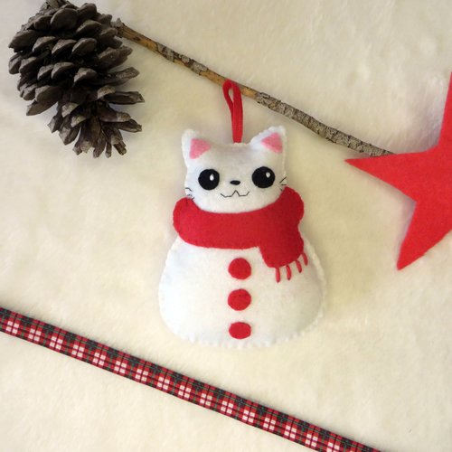 Bonhomme de neige chat, décoration pour sapin de noël en feutrine