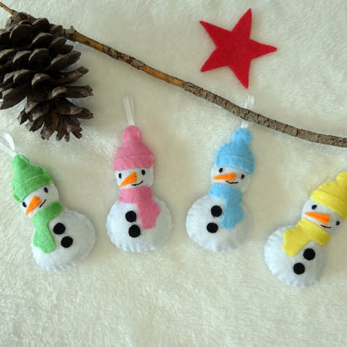 Décoration pour sapin de noël en feutrine, bonhomme de neige avec bonnet et écharpe