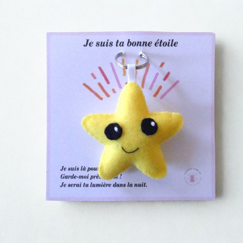 Porte clé étoile souriante, en feutrine jaune, sur carte à message inspirant