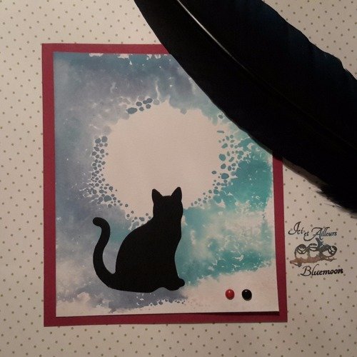 Carte et son enveloppe, silhouette chat noir, fonds peinture, harmonie bleu vert. carterie