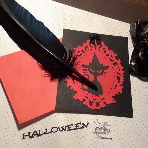 Carte et son enveloppe, halloween, chat sorcier noir,  cadre filigrane style gothique, noeuds satin. carterie