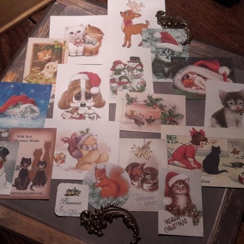 Lot b 17 images, mini cartes de noël. dies, découpes , noël animaux, chats, bonhomme de neige, écureuil, renne. scrapbooking
