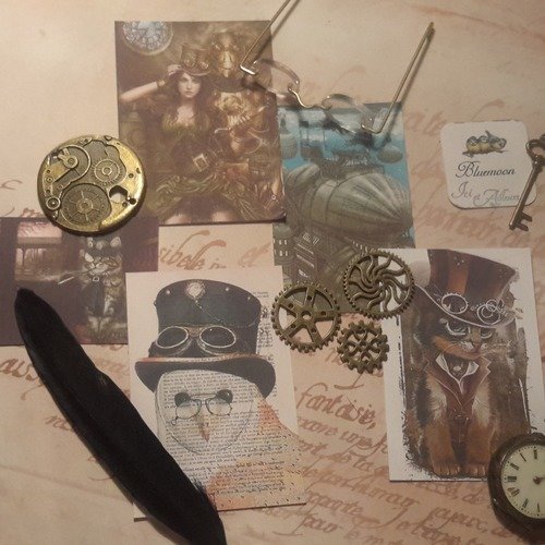 Lot 5 mini cartes, images variées steampunk. femme, aéronefs, chaton, chouette, chat, hibou. scrapbooking