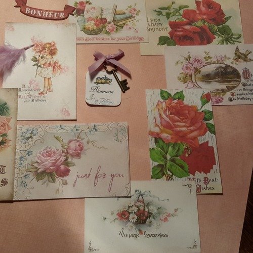 Lot 8 mini cartes victoriennes, images anciennes, anniversaire, voeux et souhaits. roses, oiseaux,  bouquets.. scrapbooking, créations cart