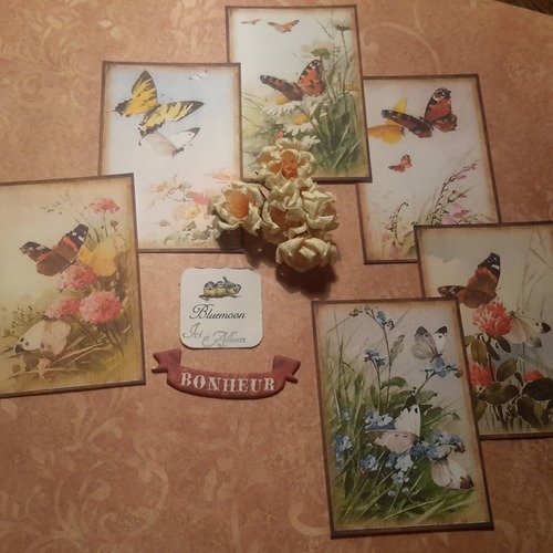 Lot 6  images, mini cartes.  superbes dessins, petits tableaux champêtres de papillons. fleurs des champs,  de prairie..scrapbooking, carte