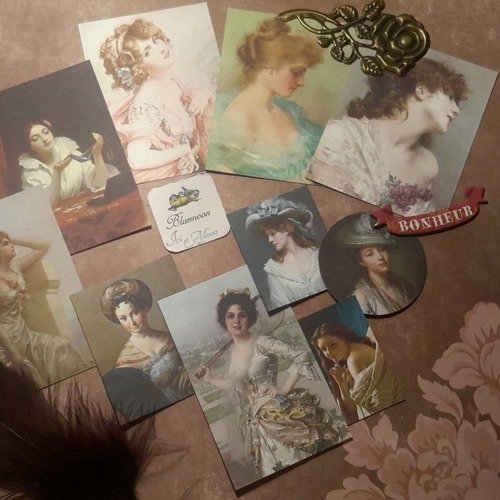 Lot de 10  mini cartes, images anciennes, hymne à la beauté feminine, portraits femmes.  scrapbooking 