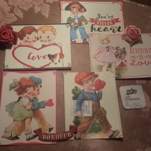 Un exemplaire》lot 5 grandes images, amour, love, saint valentin, enfants, petits amoureux coeurs, fleurs, chiot.. scrapbooking