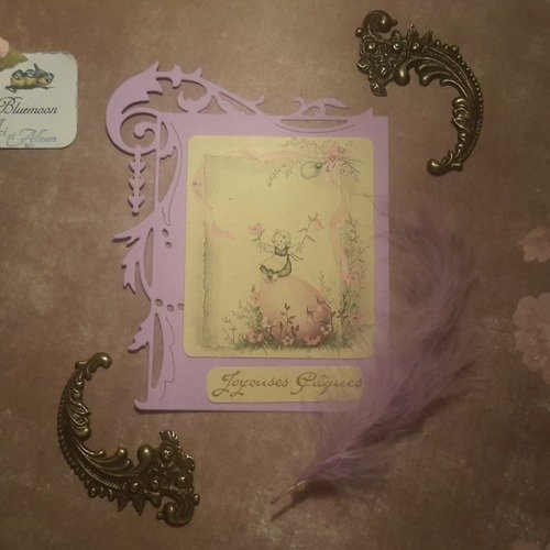 Un exemplaire》carte authentique 1951, cadre filigrane,  enveloppe,  dessin de pâques,  petite fille et oeuf de pâques, fleurs, oeillets, campanules,  rubans... cartes, papeterie..