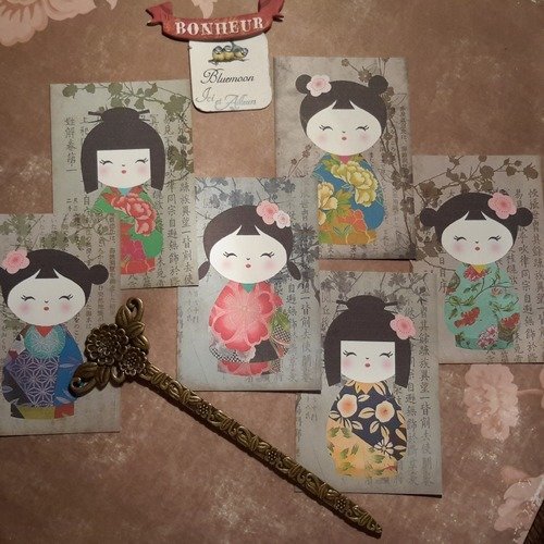 Lot 6 images, petites cartes, poupées chinoises kokeshi tags, étiquettes scrapbooking 