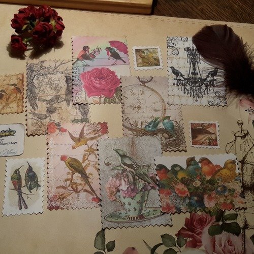 Lot 11 images, tags, embellissements, die cut. cartes oiseaux, shabby. roses. vintage. scrapbooking 