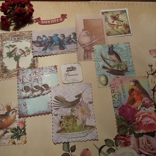 Lot 9 images, tags, embellissements, die cut. cartes oiseaux, shabby. roses. vintage. scrapbooking 